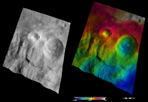 Apparent Brightness and Topography Images of Tuccia and Eusebia Craters