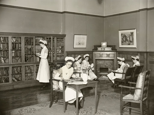 Nurses in the library at Liverpool Royal Infirmary, Pembroke Place, Liverpool