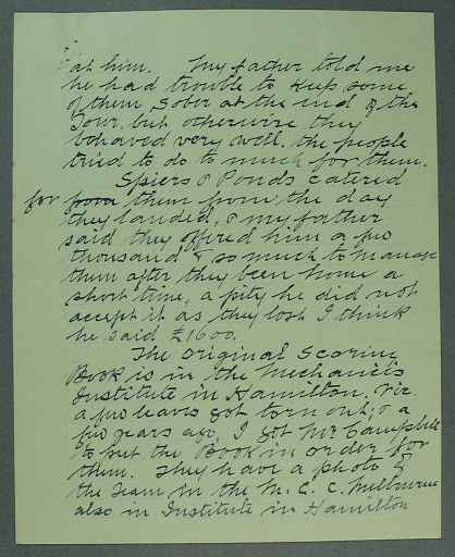 Letter addressed to E E Bean, regards 1868 Aboriginal Cricket team tour of England - 20 Dec 1933