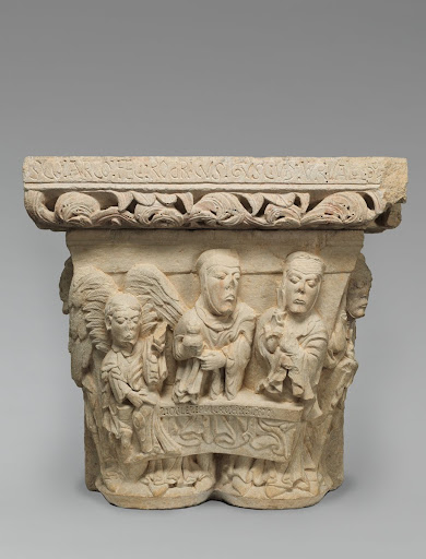 Capital from the Abbey of Santa María de Lebanza, Palencia; principal face: Two Holy Women and Angel at the Tomb: right face: Third Holy Woman; left face: Gardener (Christ?)"