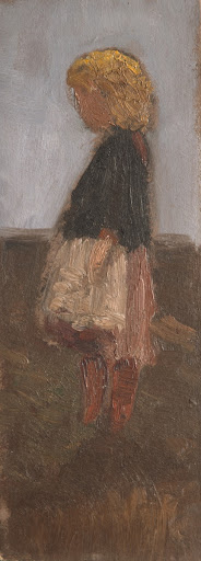 Stehendes Kind nach links gewandt vor Landschaft