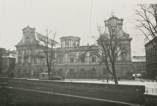 The Ossolineum building from Grodzka Street with damaged dome