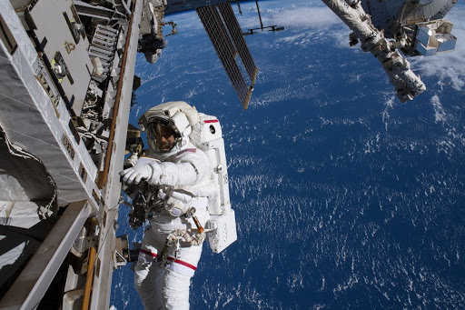 NASA astronaut Ricky Arnold is pictured during a spacewalk he conducted with fellow NASA astronaut Drew Feustel out of frame.