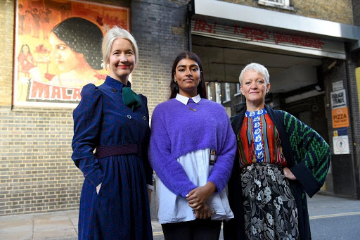 Justine Simons, Jasmin Kaur Sehra and Maria Balshaw in front of LDN WMN artwork of Mala Sen