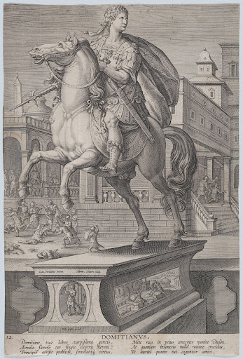 Plate 12: equestrian statue of Domitian, seen three-quarters to the left, with his stabbing death at right in the background, from 'Roman Emperors on Horseback'