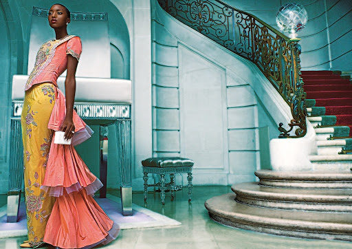 Bold pastel gown at entrance