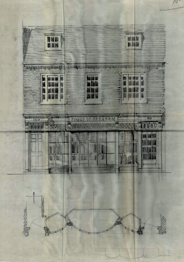 Sketch of Proposed New Shopfront for Biggs of Farnham Ltd at 112 & 112A West Street, Farnham, Surrey by Guy Maxwell Aylwin