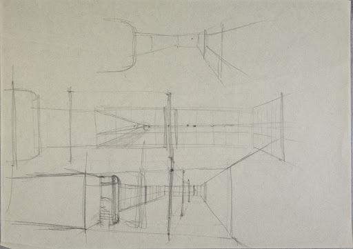 Untitled (Project Children's home, design sketch, interior view with hall and staircase; from Ludwig Hilberseimer's class)