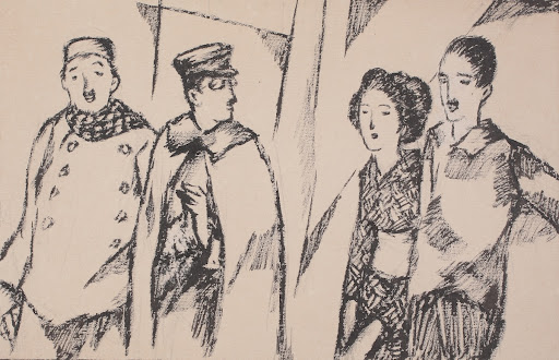 『岬』41話挿画[原画]（葉山宅－葉山と幹を残し立ち去る友人二人）