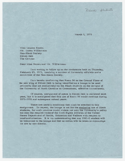 Letter from Chancellor Ferguson regarding creation of a black student lounge at UNCG Page 1
