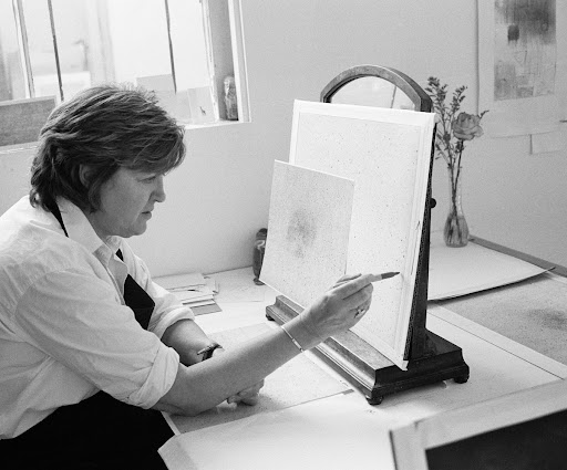 Vija Celmins in the Gemini artist studio working on a proof of "Night Sky (Reversed)"