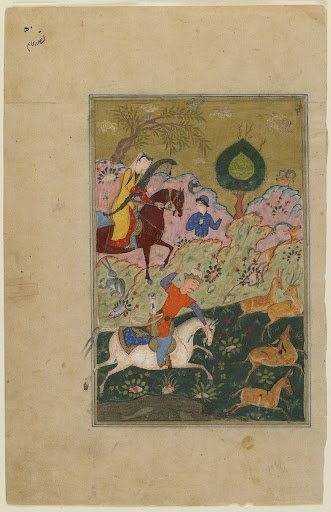 Folio from a Khamsa (Quintet) by Nizami (d.1209); recto: Bahram Gur hunts with Azada; verso: text, Bahram Gur's letter to Manzar-i Arab, Response of Manzar-i Arab to Bahram Gur's letter