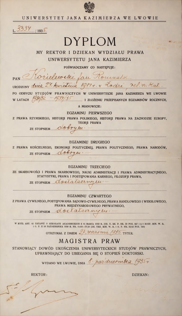 Diploma. Master of Arts in Legal Studies from Jan Kazimierz University, 1935