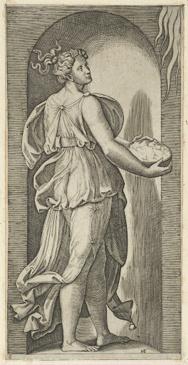Hope personified as a woman standing in a niche facing right, holding a container of unleavened bread in both hands, from 'The Virtues'