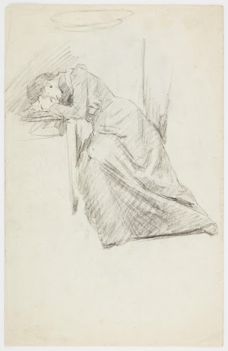 Study of a woman in fashionable dress, in grief, leaning against a table