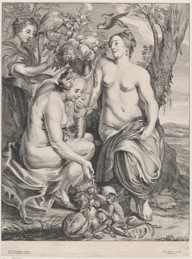 Allegory of abundance: Ceres holding a cornucopia at right and Pomona at left feeding fruit to a monkey