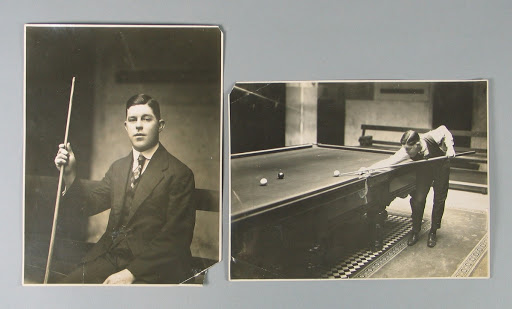 Two photographs of Walter Lindrum, notes to Bill Sweeting on reverse