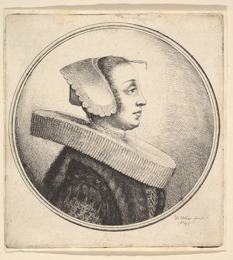 Woman with circular ruff, bonnet and hair-pin, in profile to right