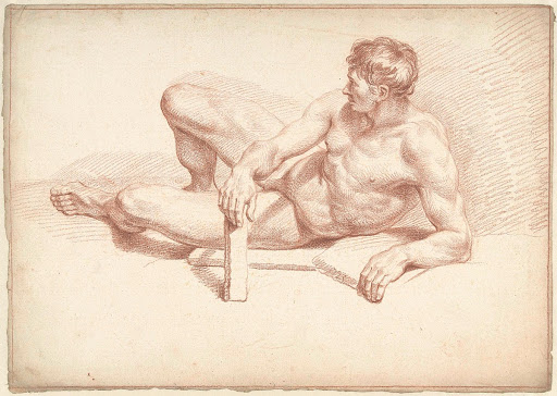 Mannelijk naakt, liggend, steunend op de linkerarm