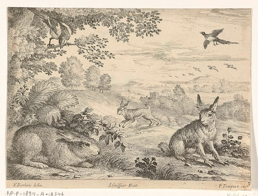 Drie hazen in een landschap