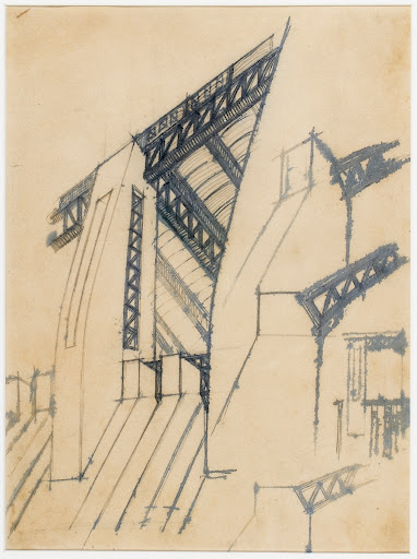 Studi per copertura in ferro e vetro sorretta da piloni in cemento - prospettiva e vedute ortogonali