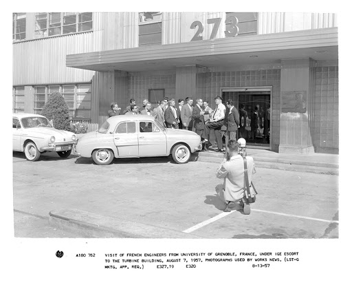 Visit of French engineers from University of Grenoble, France, under IGE escort to the Turbine Building 273, August 7, 1957, photographs used by Works News.