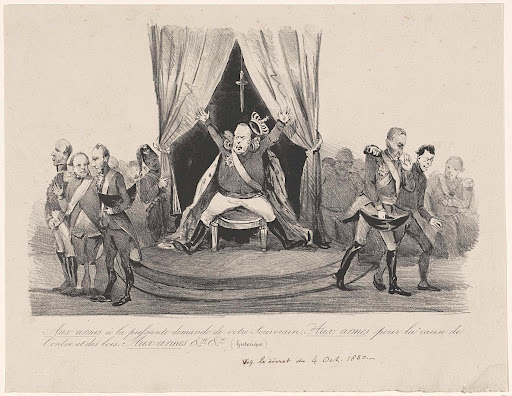 Spotprent op Willems oproep tot vrijwillige wapening, 1830