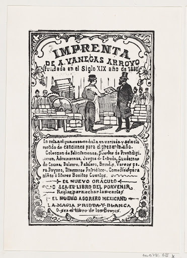 A print shop with a printer handing something to a gentleman, from the broadside 'Imprenta de A. Vanegas Arroyo,' published by Antonio Vanegas Arroyo