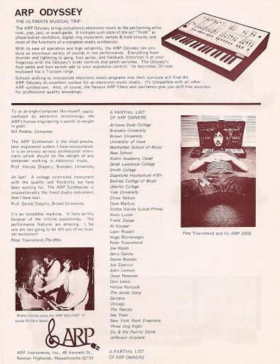 ARP Catalog (back page) featuring the ARP Odyssey