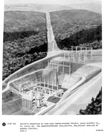 Artist conception of Taum Sauk pumped-storage project, Union Electric Co., St. Louis, MO. Two generator/motors (204,000-KVA, 240,000-HP) supplied by General Electric.