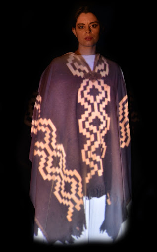 Pampean Poncho, dark with white ornament, projection on a model