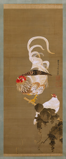 伊藤若沖筆　葡萄双鶏図|Hen and Rooster with Grapevine