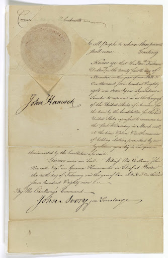 Senate "credentials" for Tristam Dalton, signed by John Hancock