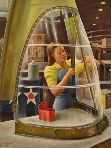 A Woman at Lockheed Fastening the Plastic Canopy of the P-38, from the series “Women at War”