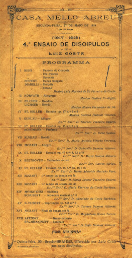 Program of the 4th rehearsal of students Luiz Costa at the Mello Abreu Salon