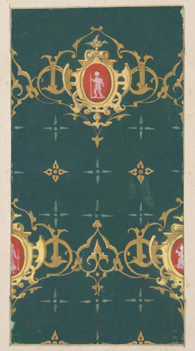 Design for wallpaper featuring rinceaux and carouches framing figures