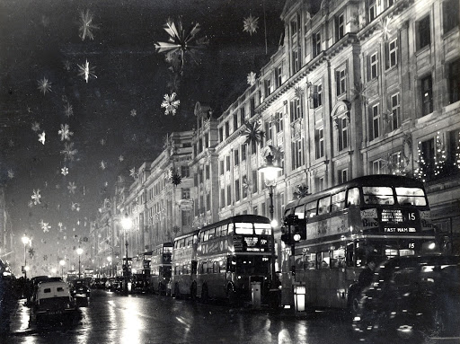 View down Regent Street at night, with Christmas decorations lit up