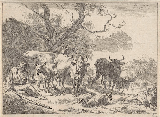 Rustende oude herder met zijn kudde