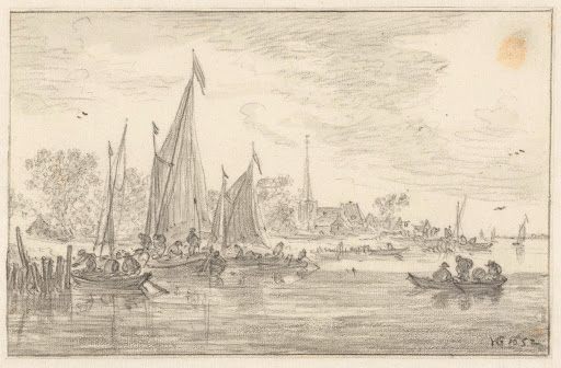 Rivieroever met drie zeilschepen