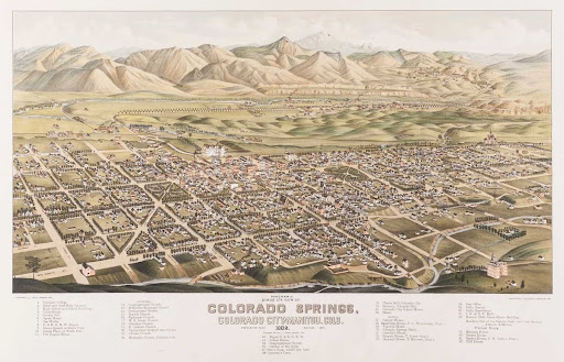 Panoramic Bird's Eye View of Colorado Springs, Colorado City and Manitou, Colo. 1882.