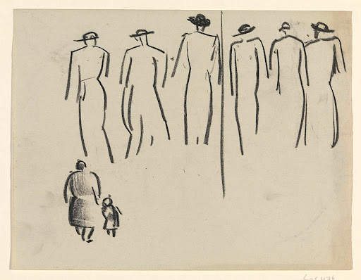 Zes lopende vrouwen en een moeder met kind