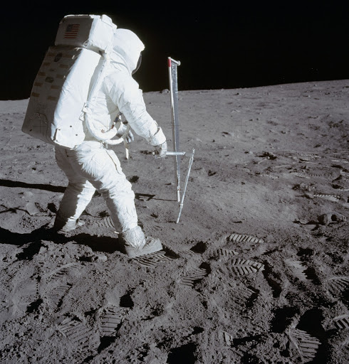 Astronaut Edwin Aldrin deploying Solar Wind Composition experiment