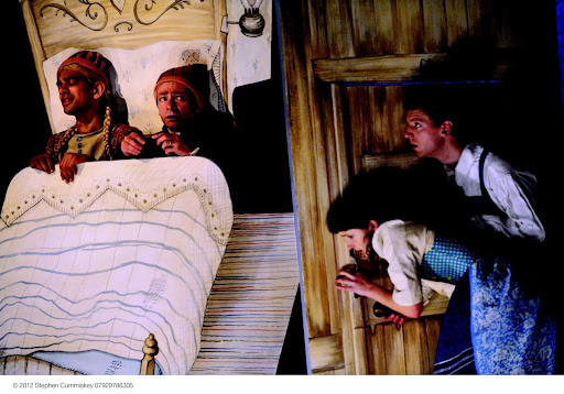 Production image from Hansel and Gretel, 2012, showing the Stepmother, Johann, the Father, Gretel and Hansel