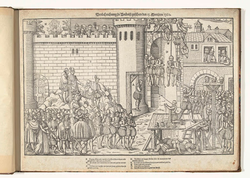 Zeven edelen voor de poort van het Château d'Amboise opgehangen, 1560