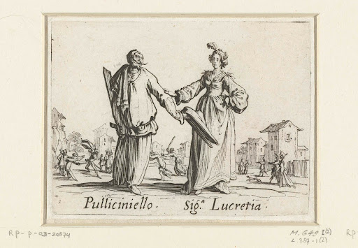 Twee straatartiesten als Pulliciniello en Signora Lucretia
