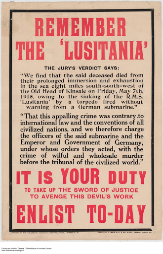 "Remember the Lusitania. Enlist today", United Kingdom, lithograph on wove paper.