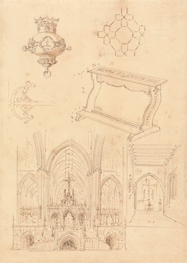 Designs for Gothic Ornamentation, a Kneeler, and Two Sketches of the Interiors of Gothic Churches