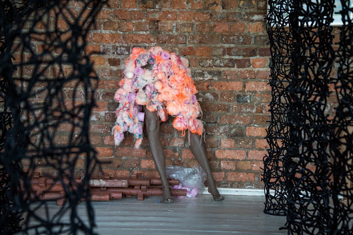 Liza Grobler, working with mohair, spray paint and pool tubes ("jellyfish", our description)