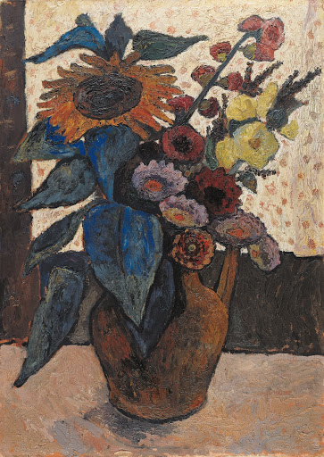 Still life with sunflowers, hollyhocks and georgines
