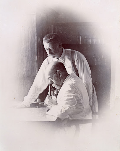 Professors Koch and Pfeiffer working in a laboratory